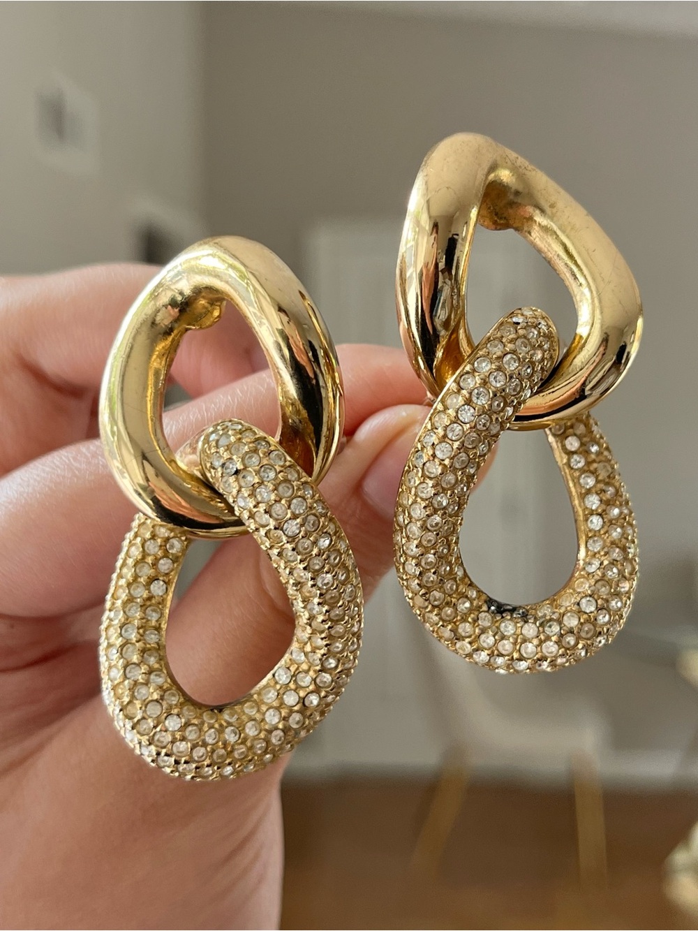 Authentic Vintage Dior Interlocking Chain Drop Stone Large Gold Clip-On Earrings